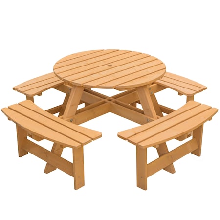 Gardenised Outdoor Round Picnic Table with Bench, 8-Person, Stained Wood QI003903.ST